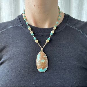 Bohemian Pendant Statement Stone/Glass Necklace | Turquoise & Tan